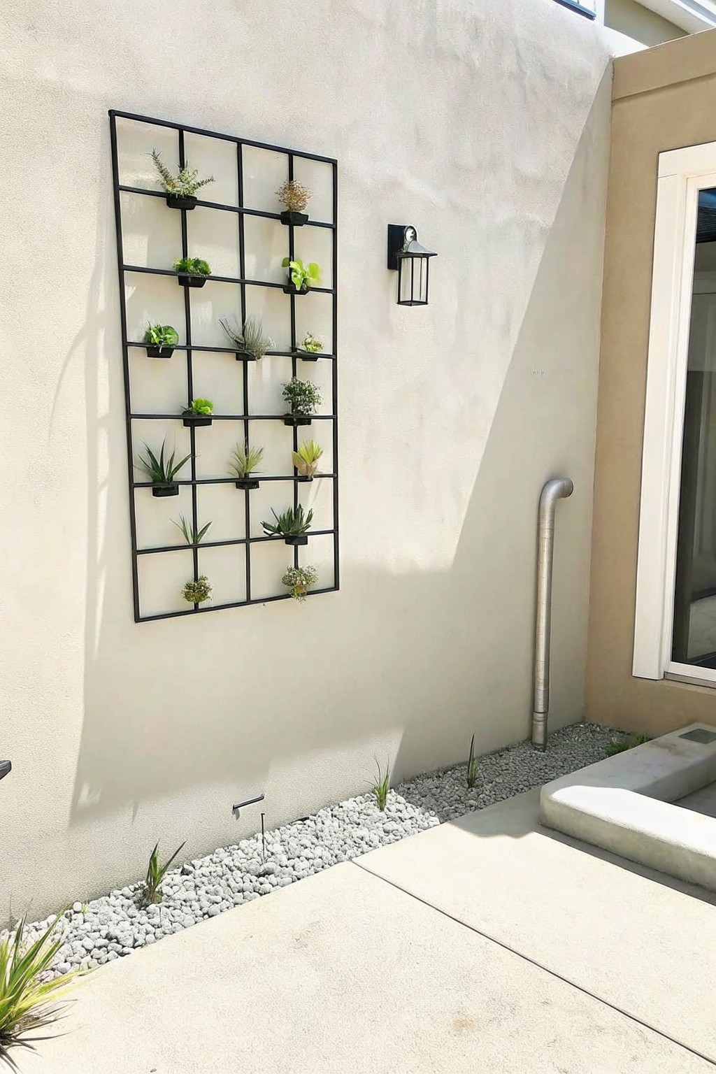 A black metal grid mounted on a beige stucco wall holds small black pots with various green plants above a gravel bed.
