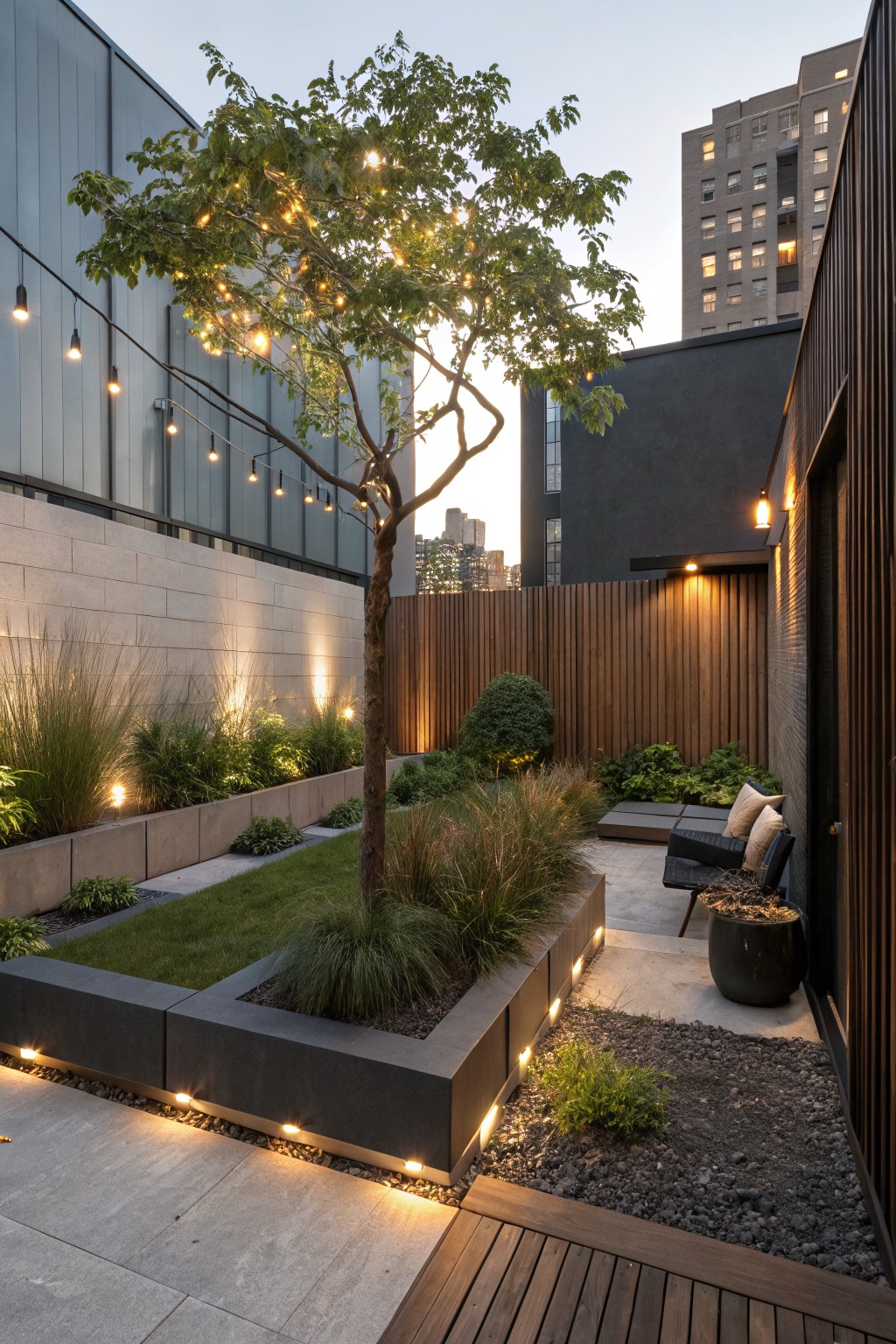 An urban courtyard garden at dusk with a central tree strung with lights, raised concrete planting beds edged with small inset lights, and surrounding grasses and shrubs.
