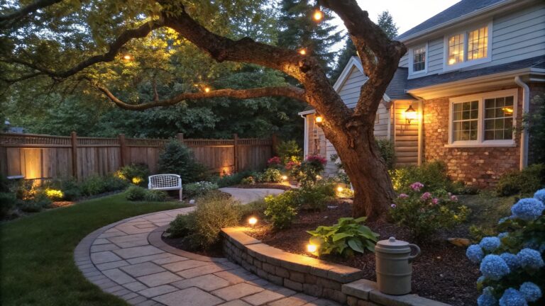 20 Creative Backyard Garden Lighting Ideas That Highlight Trees and Planting Beds A large tree with small lights in its branches illuminating a curved stone path and hydrangea planting beds beside a house at dusk.