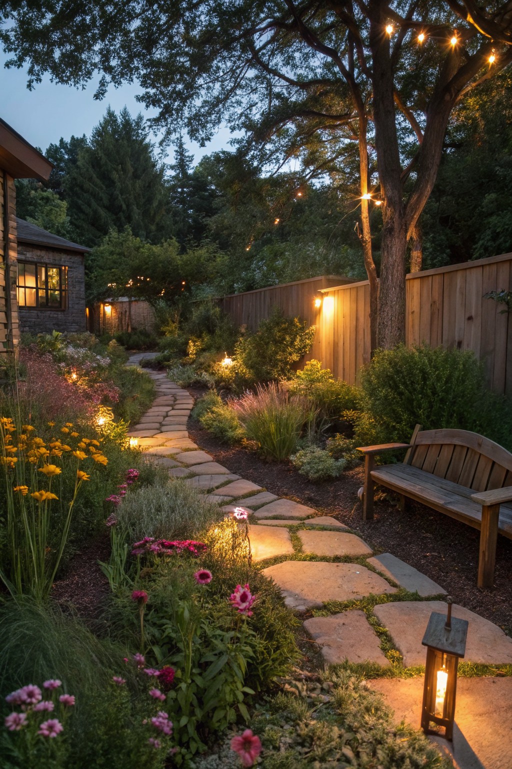 A stone garden path at dusk lined with flowers, shrubs, and trees, illuminated by string lights overhead and lanterns along the ground.