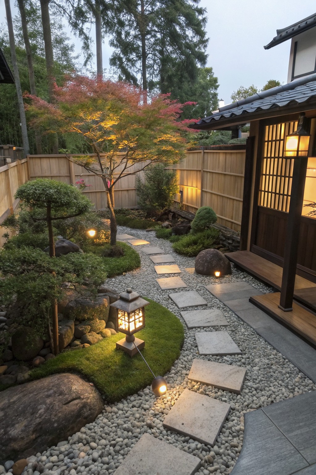 A backyard Japanese garden with a gravel path and stone stepping stones, lined with glowing lanterns and surrounded by trees, shrubs, and rocks at dusk.