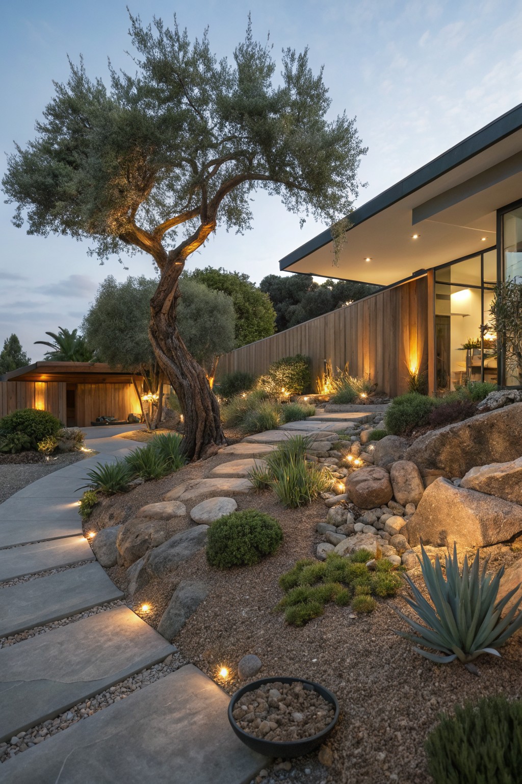 Modern house exterior at dusk with a large tree, stone pathway, gravel beds, rocks, and low ground lights illuminating plants and the trunk.