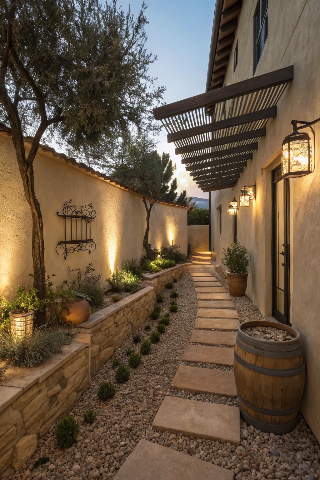 A narrow gravel and stone paver path runs between stucco walls and raised planting beds, lit by wall-mounted lanterns and small uplights on the greenery.