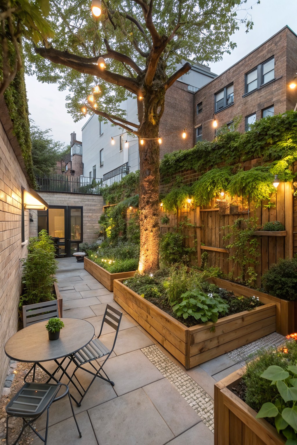 Cozy urban patio with wooden planters, string lights on tree, and bistro table.