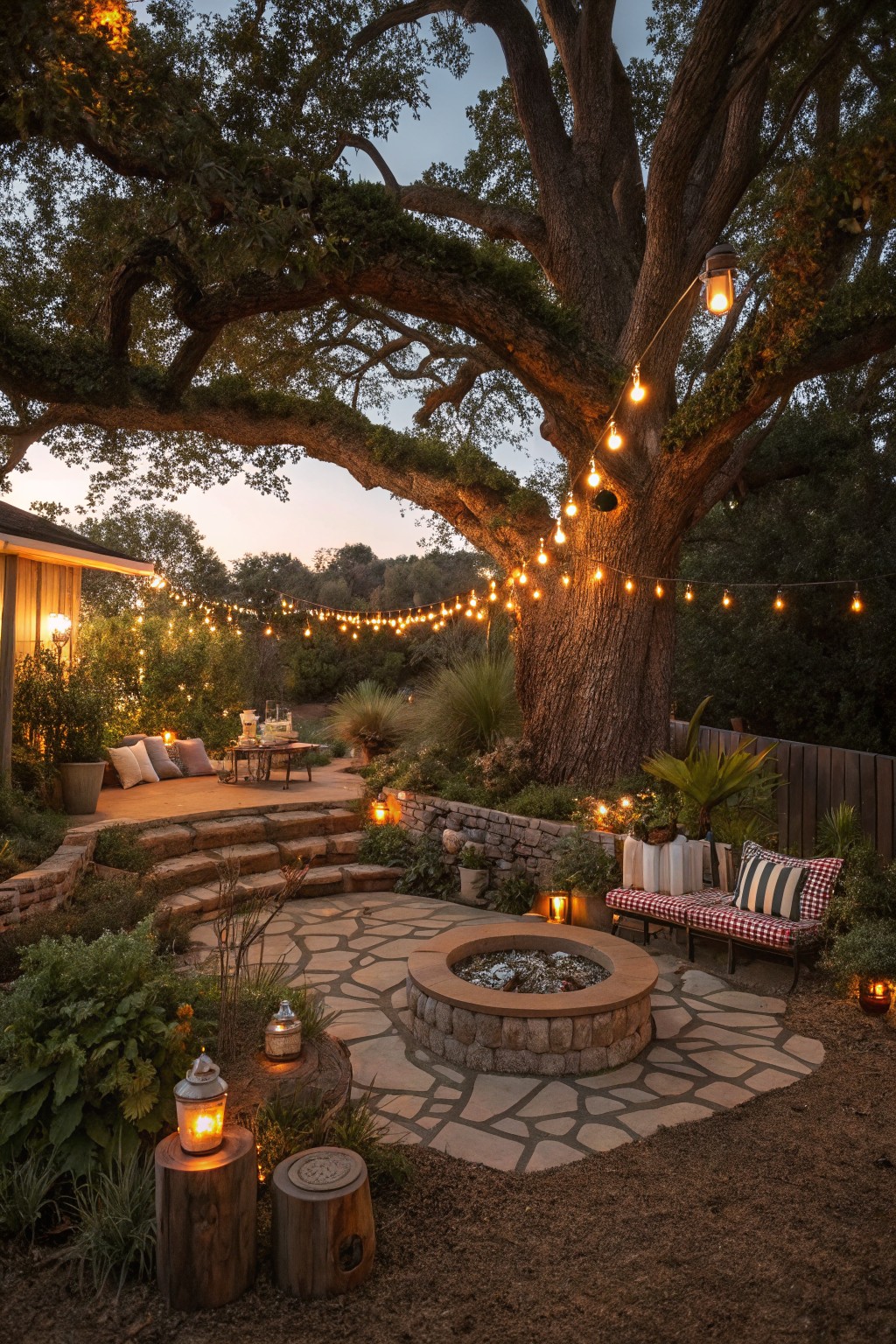 A backyard scene at dusk showing a large tree with string lights, a stone fire pit on a patio, and nearby seating with cushions.