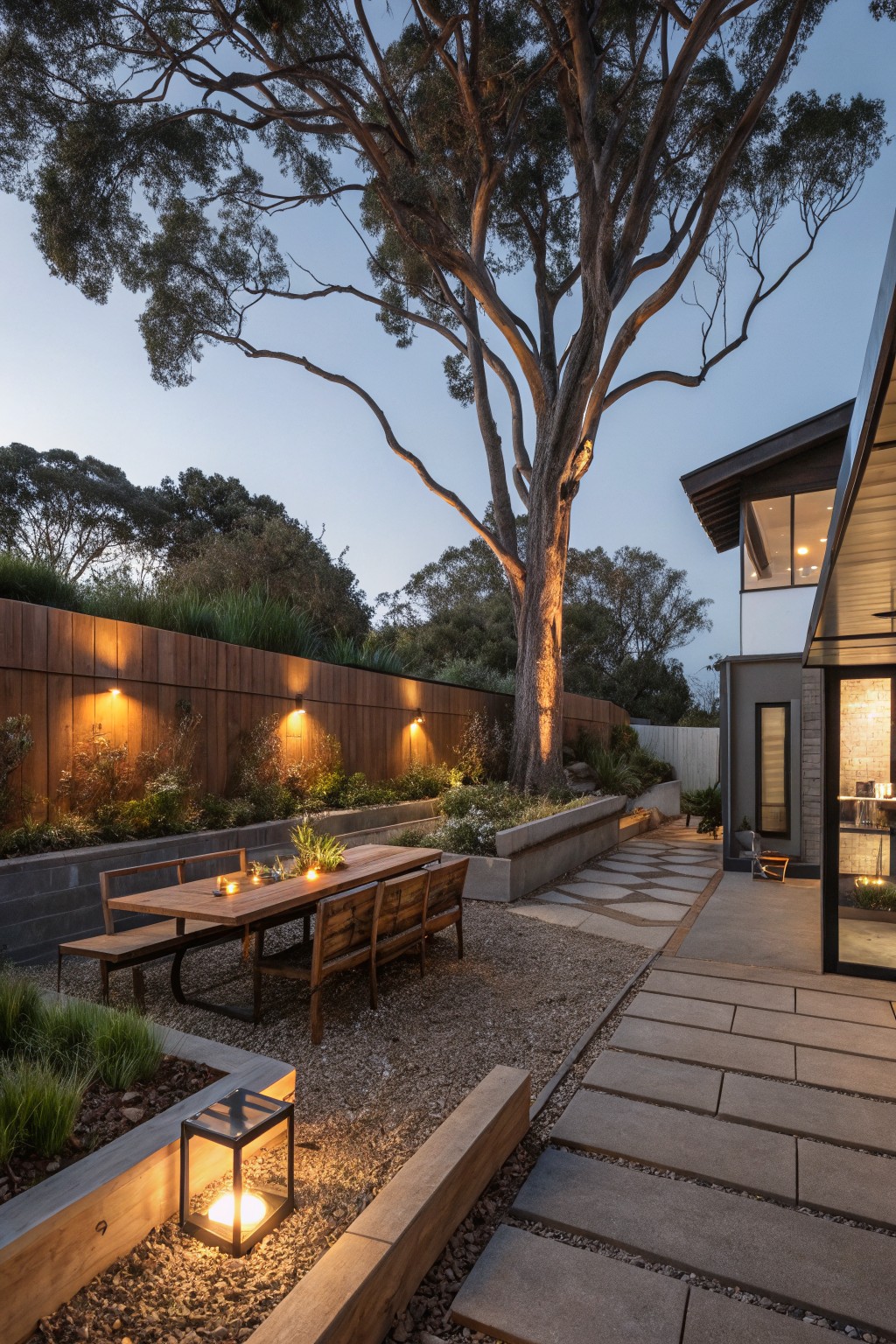A large tree lit from below by wall-mounted lights next to raised planting beds, a gravel dining area with a wooden table and benches, and a glowing lantern in the foreground.