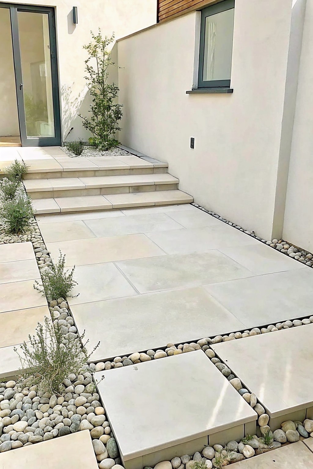 A modern outdoor walkway made of large light stone pavers bordered by pebbles, with small plants and steps leading to a house entrance.