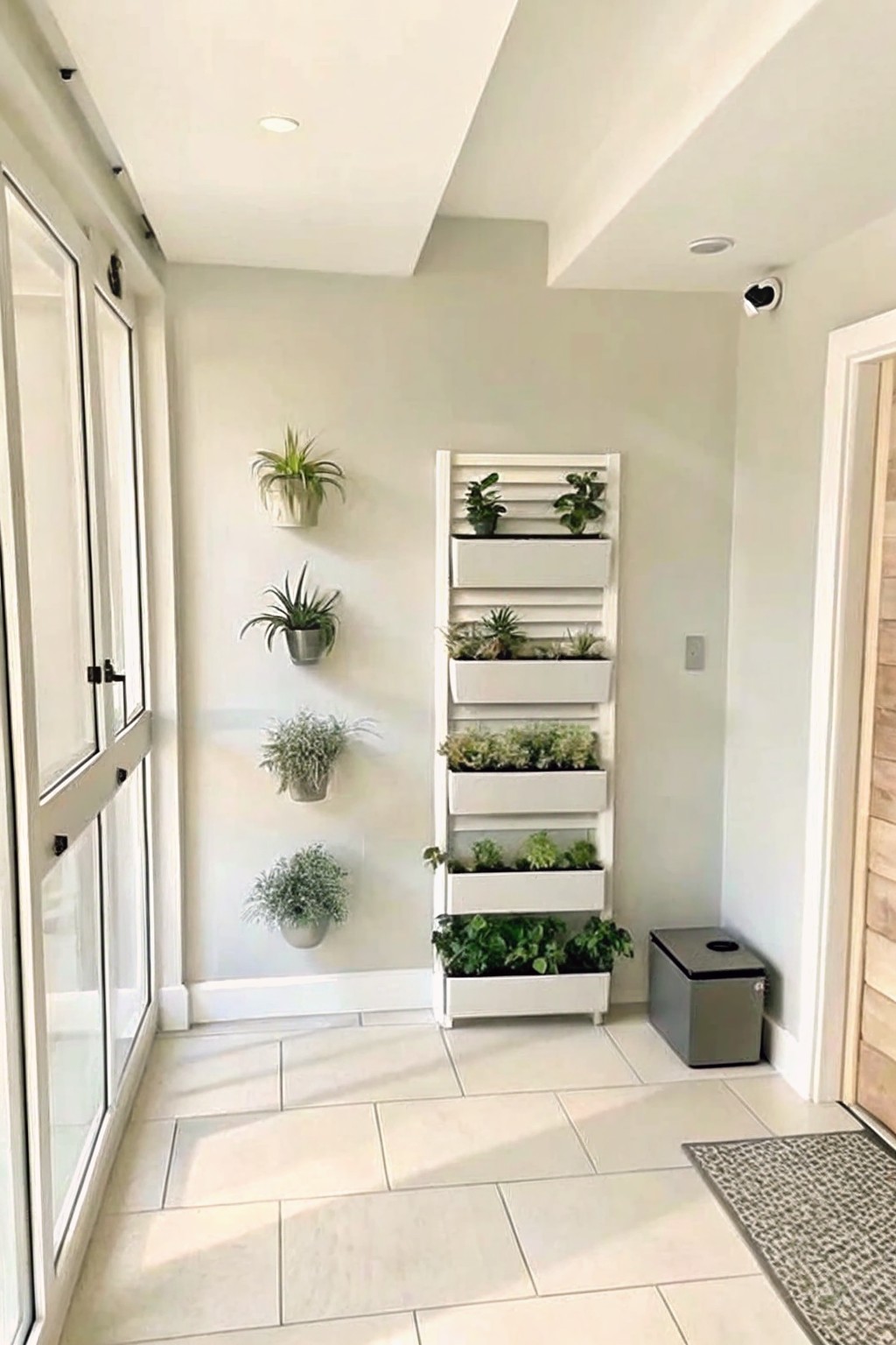 An indoor hallway with light walls and tile floor shows a tall white vertical planter holding multiple levels of green plants and four smaller wall-mounted pots arranged vertically to the left.