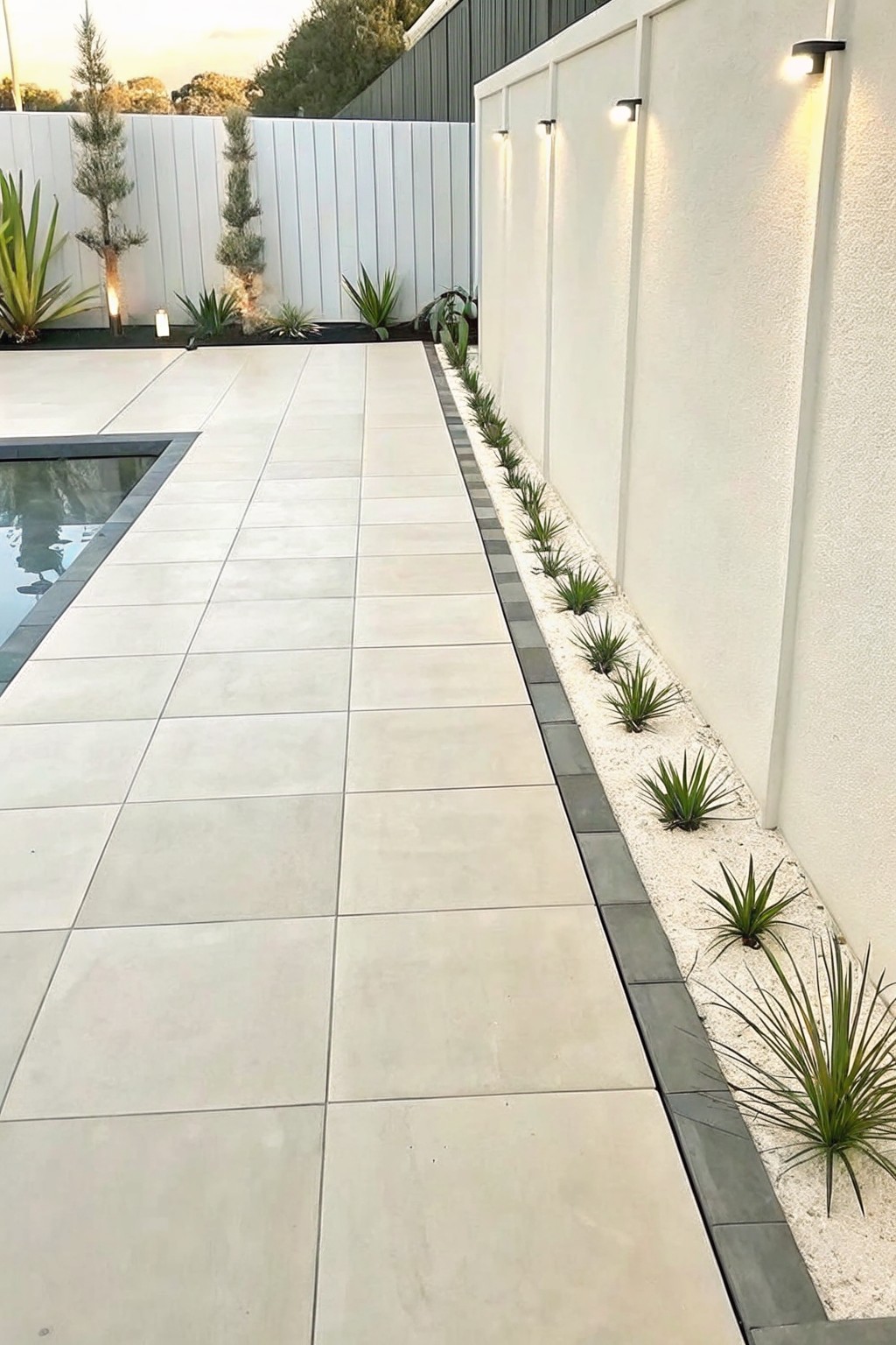 Modern tiled patio path beside pool, white wall with lights and pebble plants.