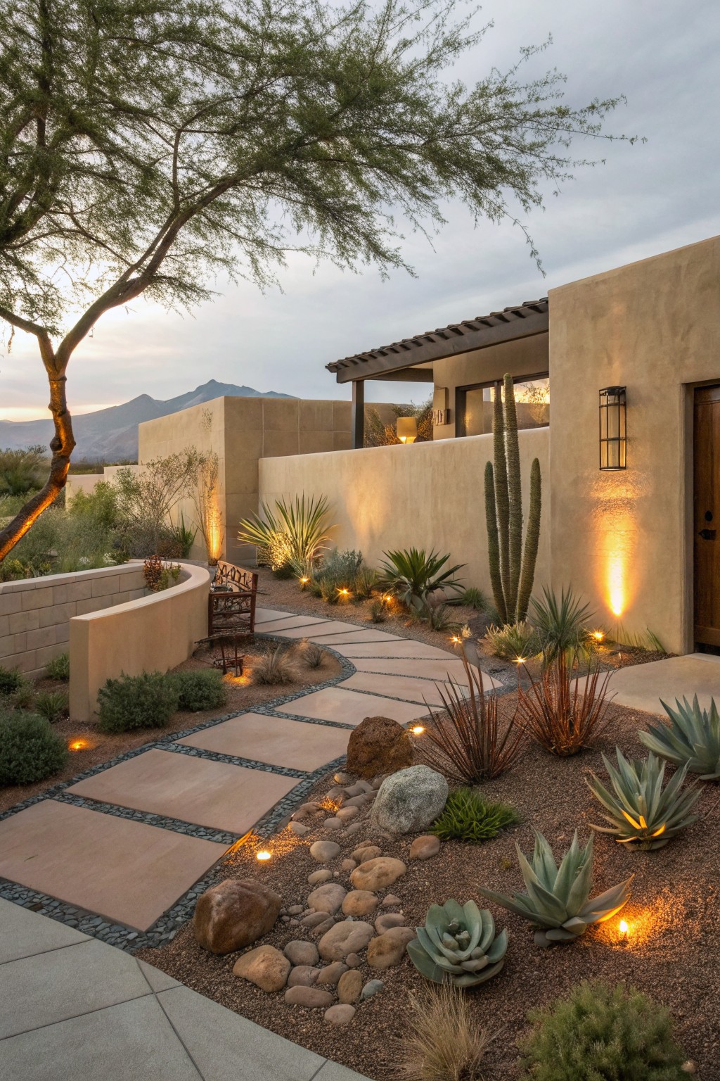 A winding stone paver path bordered by gravel, rocks, and desert plants runs beside a stucco wall, with small low-voltage lights glowing along the edges.
