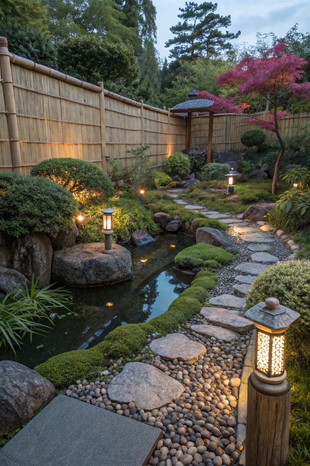 A dusk view of a landscaped garden with a stone path beside a small pond, several lit low-voltage lanterns, rocks, and a bamboo fence.