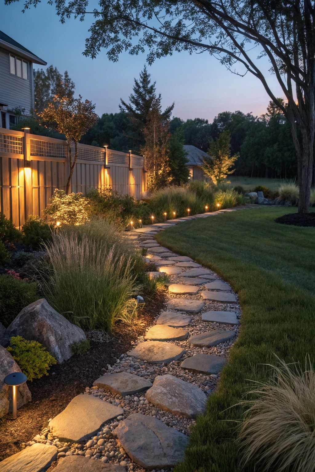 A winding stone path lined with small low-voltage lights runs through a landscaped garden beside a wooden fence at dusk.
