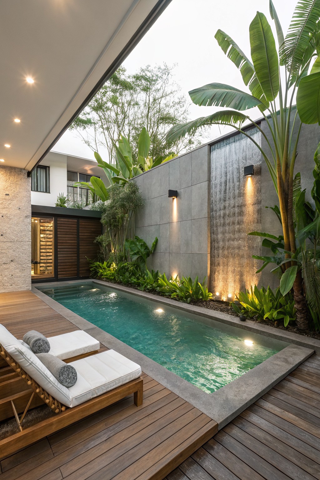 An outdoor pool with a concrete water wall lit by two black wall sconces, surrounded by tropical plants and a wooden deck with lounge chairs.
