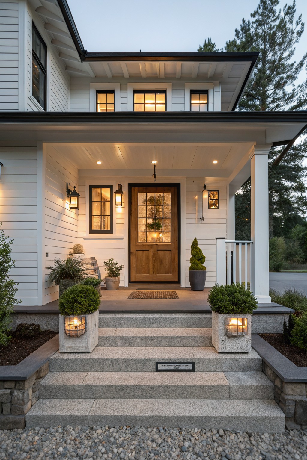 Front steps of a white house with gray stone planters holding lit low-voltage lanterns on either side of the entrance.