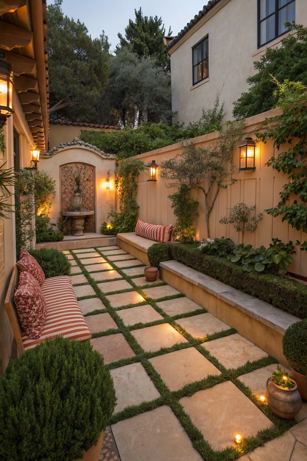 A courtyard garden at dusk with a stone pathway lined by low-voltage lights, wall lanterns, built-in benches, and surrounding plants.