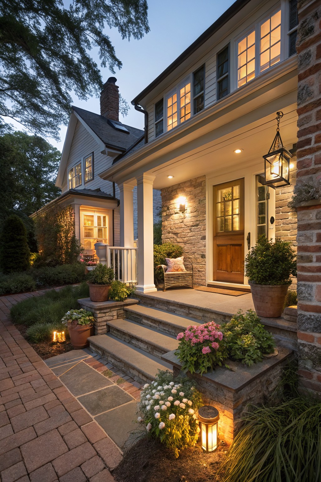 A two-story house with white siding, stone porch, and brick path at dusk, lit by low-voltage path lights along the walkway and steps.