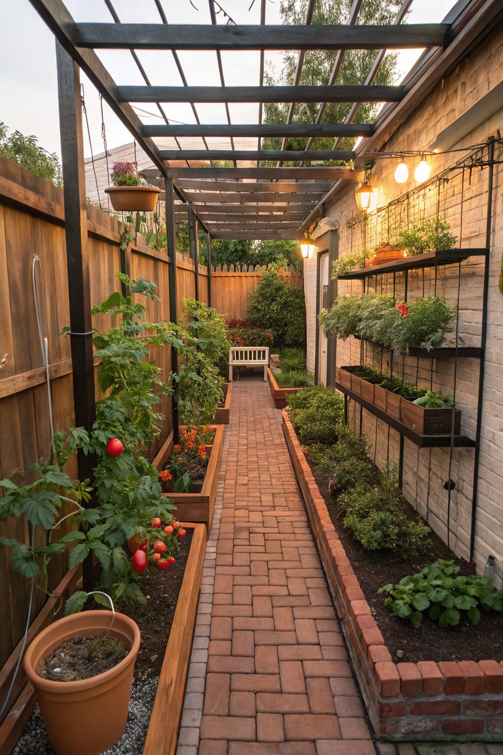 Brick path lined with raised garden beds under lit wooden pergola