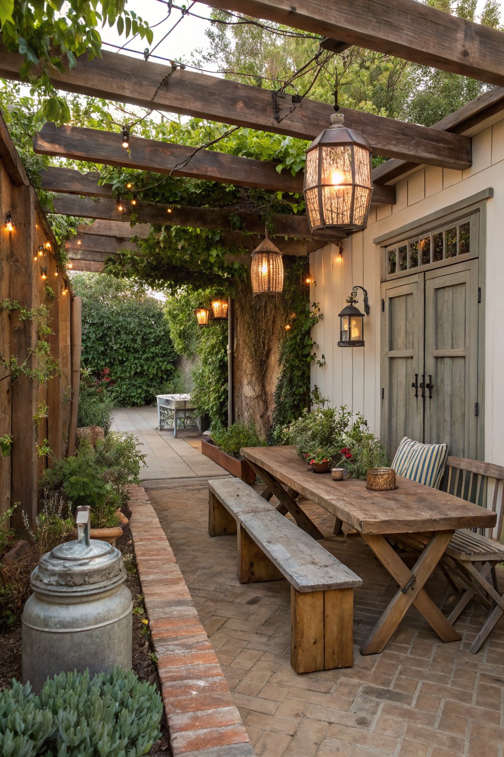 A wooden pergola with string lights and hanging lanterns covers a brick patio with a long table, bench, and plants beside a house.