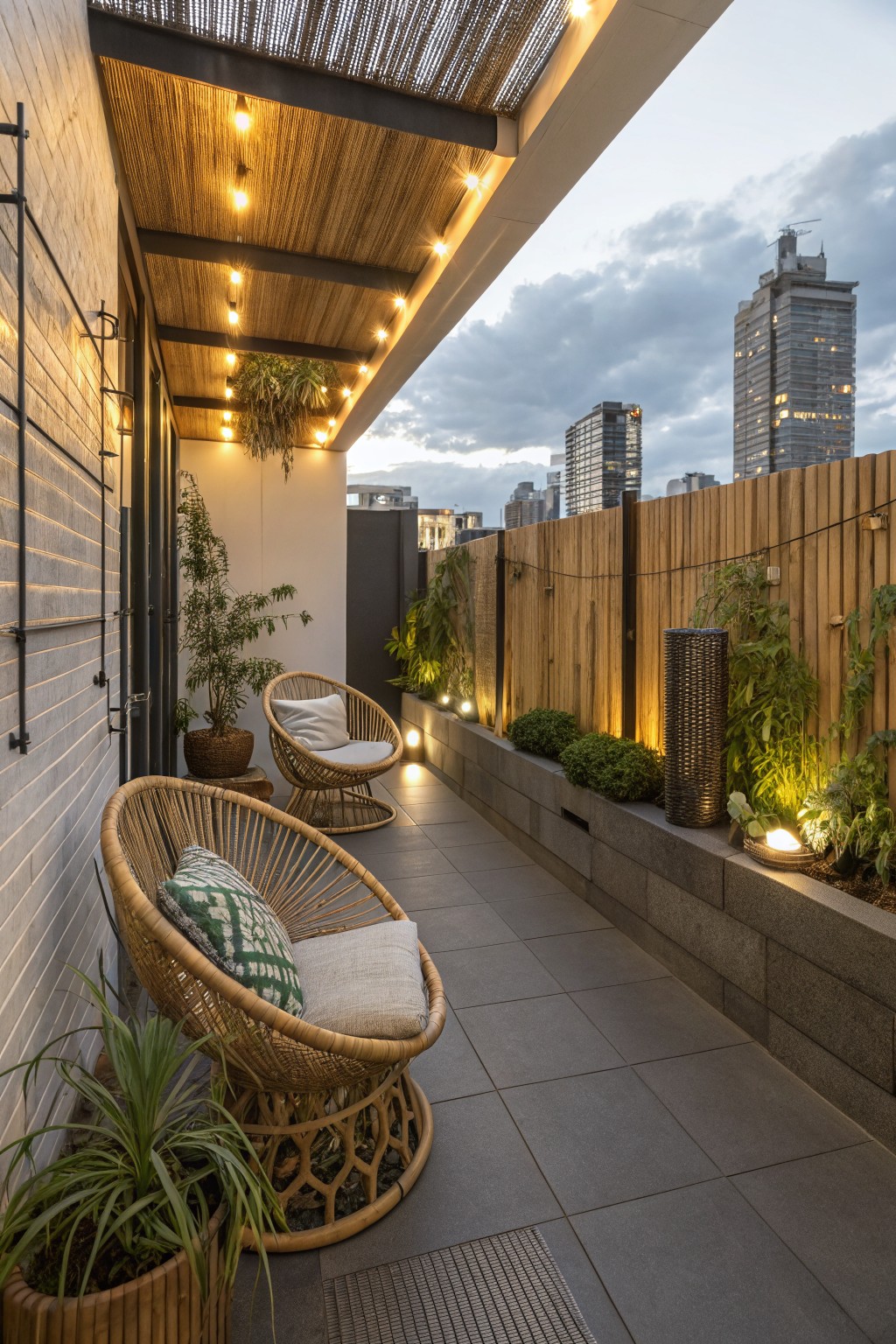 A narrow outdoor balcony with woven chairs, potted plants, and string lights along the ceiling overlooking a city skyline at dusk.