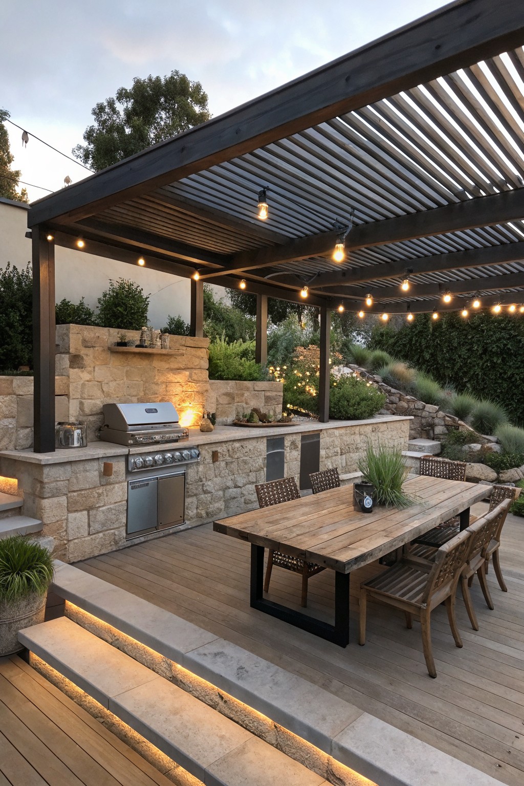 An outdoor wooden deck with a pergola strung with lights, a long dining table with chairs, and a built-in stone outdoor kitchen with grill.