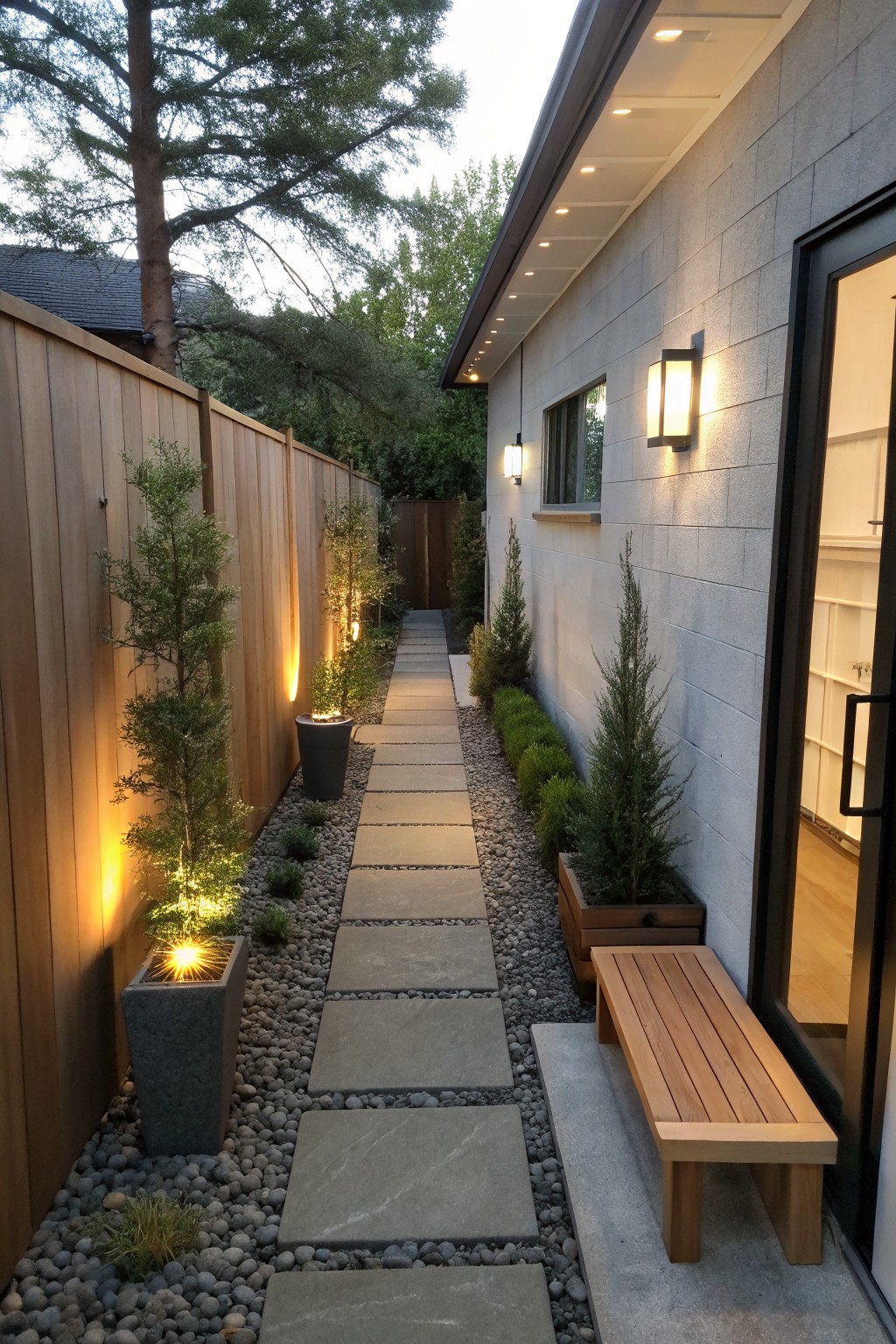 A narrow garden path made of rectangular stone pavers runs beside a house with gray siding, lined with wooden planters holding small evergreen trees and low voltage lights.