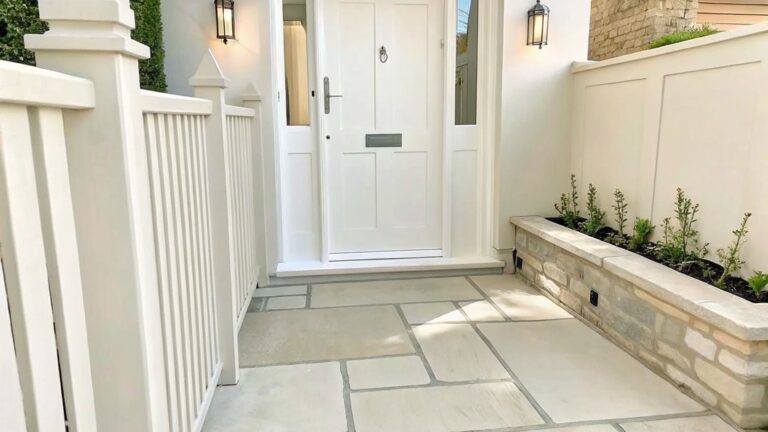 White front door with black hardware, flanked by wall lanterns, a white picket fence section, low green shrubs, and a stone paver path leading to the entry.