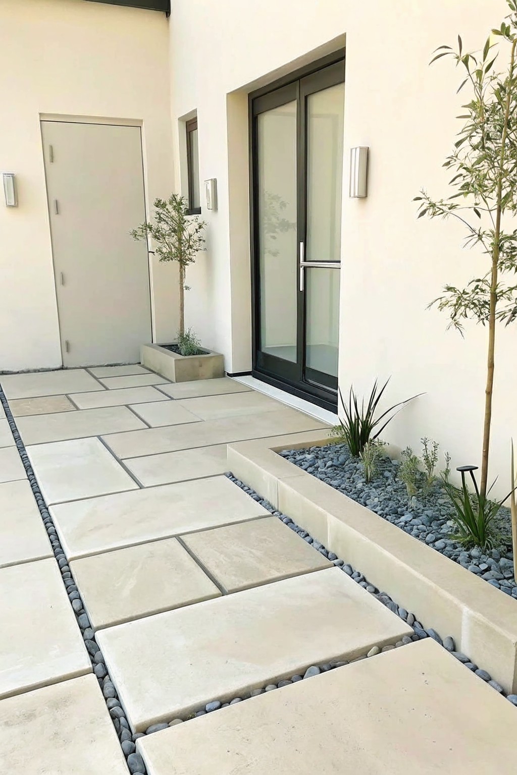 Modern front walkway of large light stone pavers edged with gray pebbles, next to raised beds with small plants and trees beside a house entrance.