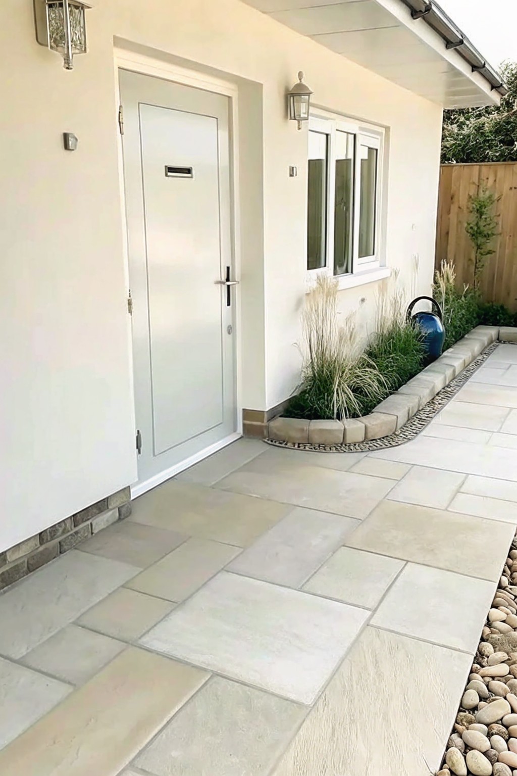 A white front door beside a paved walkway with a curved stone-edged garden bed planted with grasses and a blue pot.