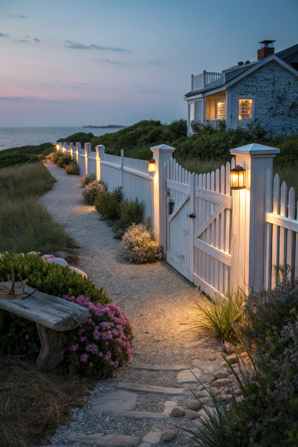 White picket fence with glowing lanterns borders path to oceanfront house at dusk