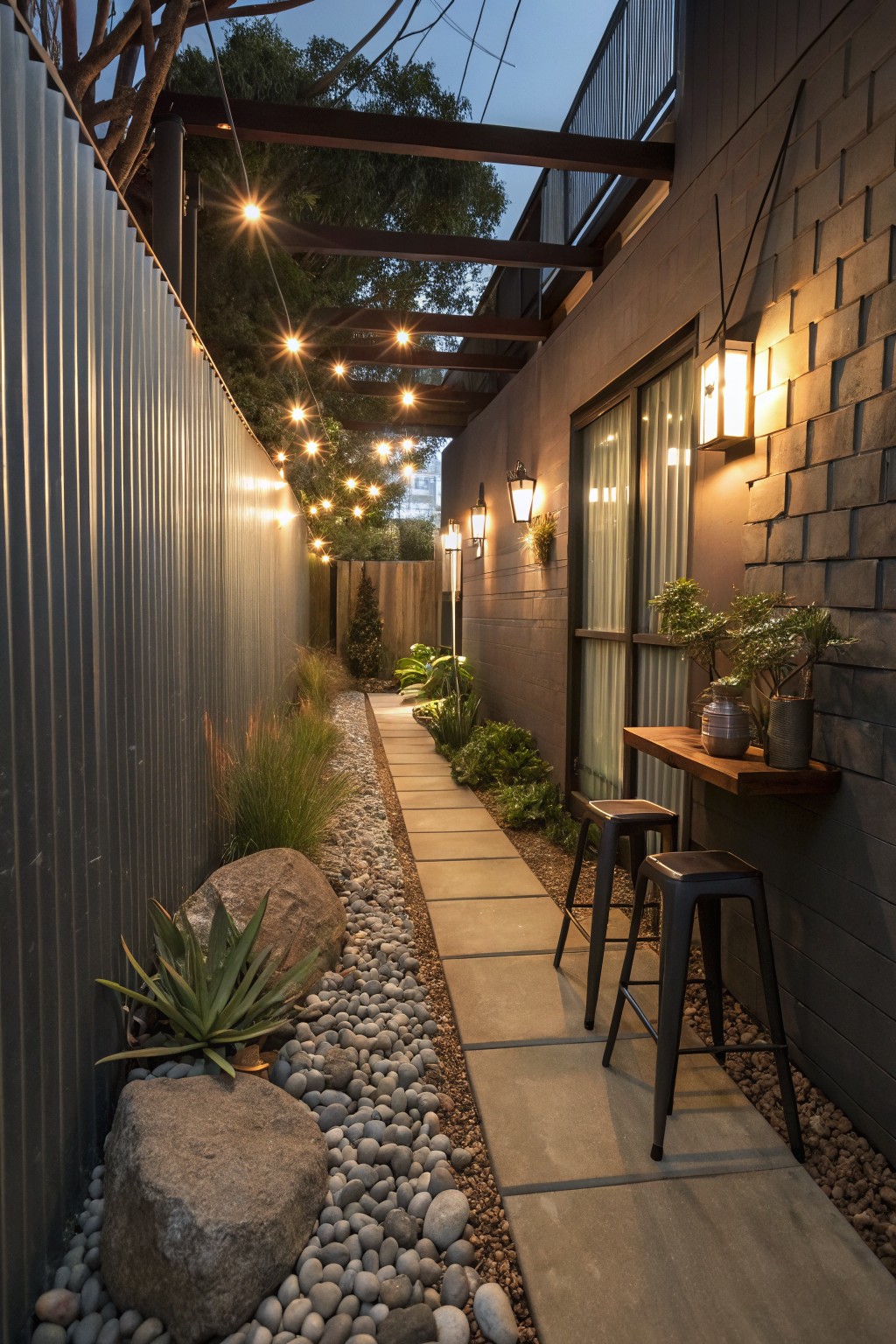 A narrow gravel path runs between a corrugated metal fence and a brick house wall, lit by overhead string lights and wall-mounted sconces with stools and potted plants along the side.