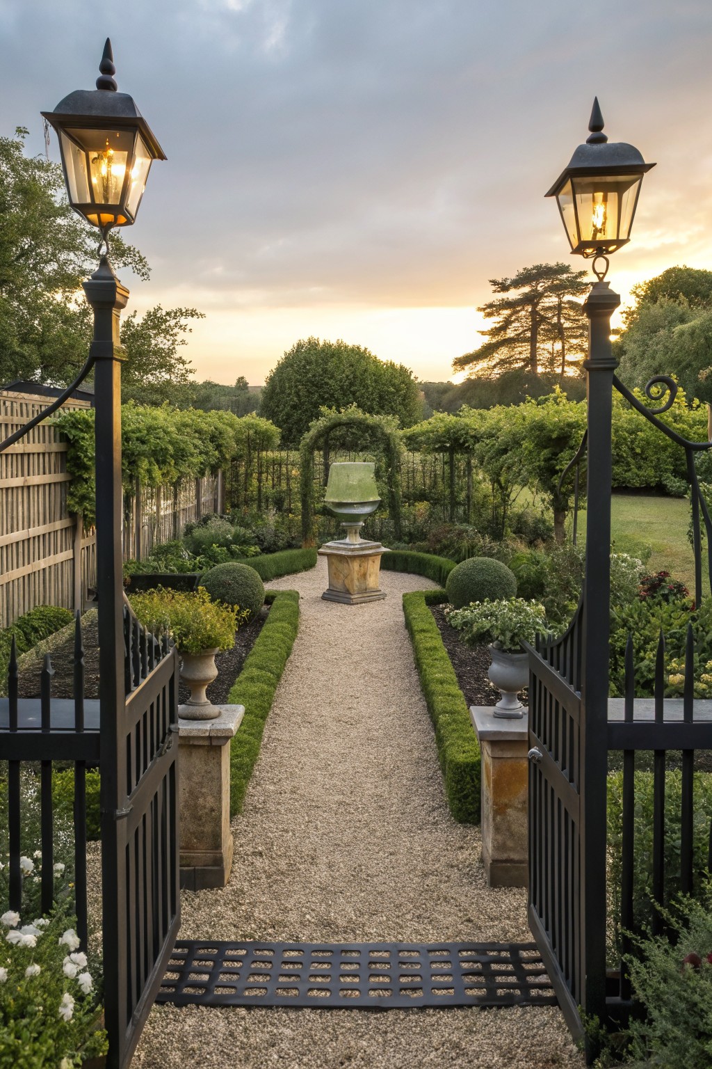 Open black metal gates with lit lanterns on stone posts flank a gravel garden path lined with hedges and topiary.