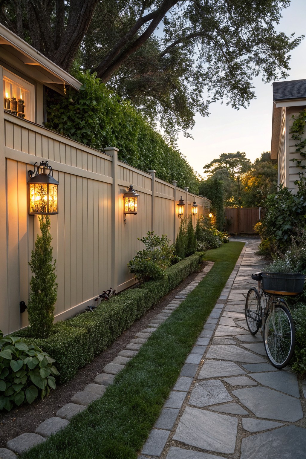 A long beige fence with several lit lanterns mounted along it next to a stone path and garden beds.