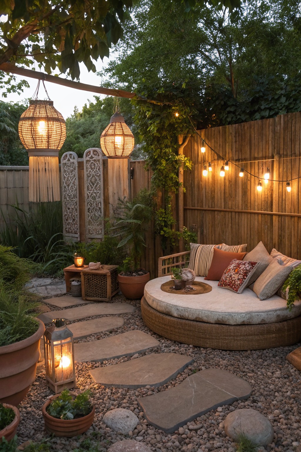 A wooden fence with string lights, a round cushioned daybed, hanging lanterns, and a gravel path with stone stepping stones in a garden at dusk.