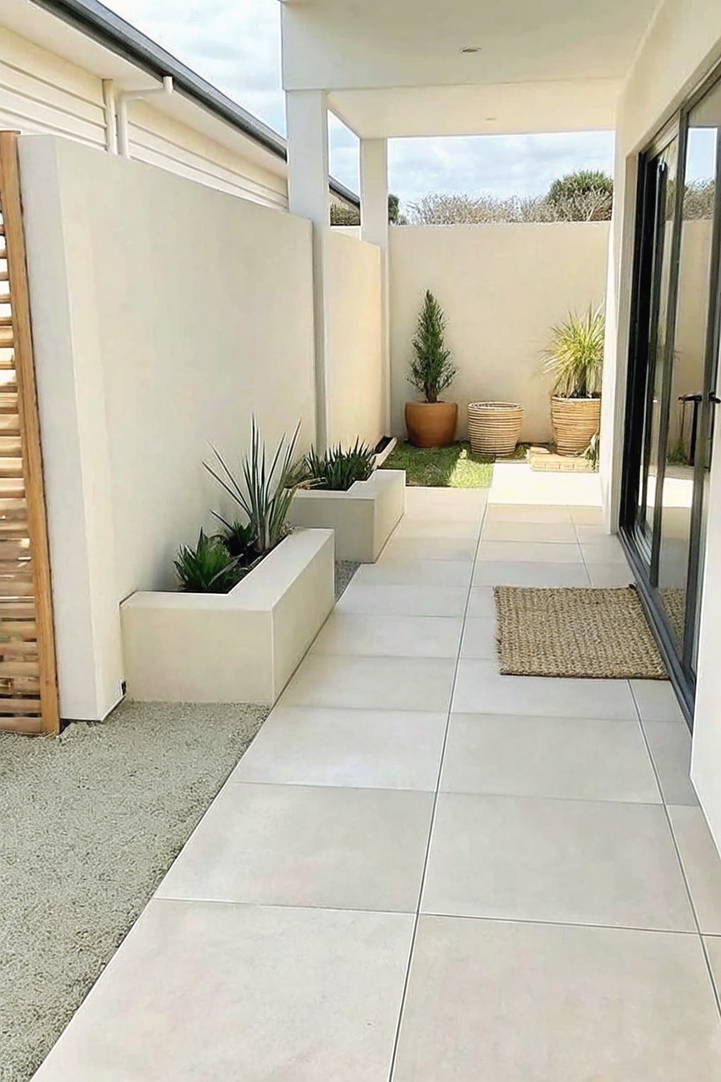 A modern outdoor walkway with large rectangular built-in planters holding grasses and small trees, light gray tiles, and woven pots against a beige wall.
