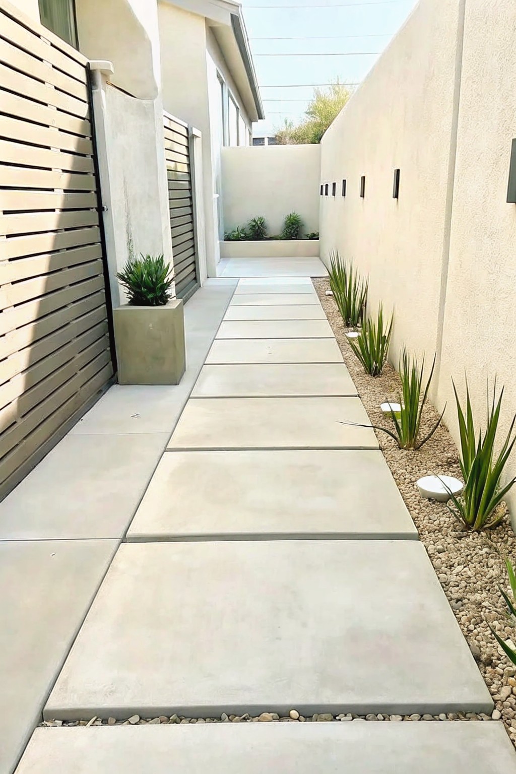 A narrow outdoor walkway made of large rectangular concrete pavers with gravel beds and tall green plants along one side next to a stucco wall.