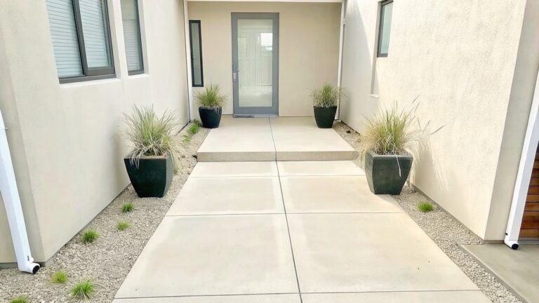 24 Modern Garden Decor Ideas Featuring Sculptural Pots and Clean Outdoor Lines A narrow light-colored paved walkway bordered by white gravel beds with black potted plants leads to a glass door at the end.