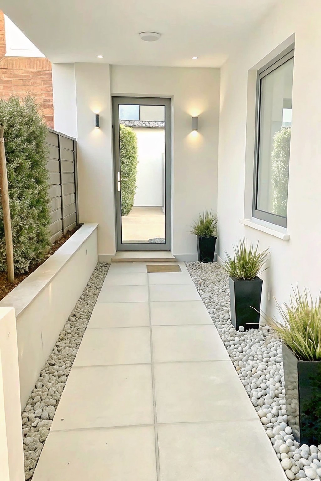 A narrow light-colored paved walkway bordered by white gravel beds with black potted plants leads to a glass door at the end.