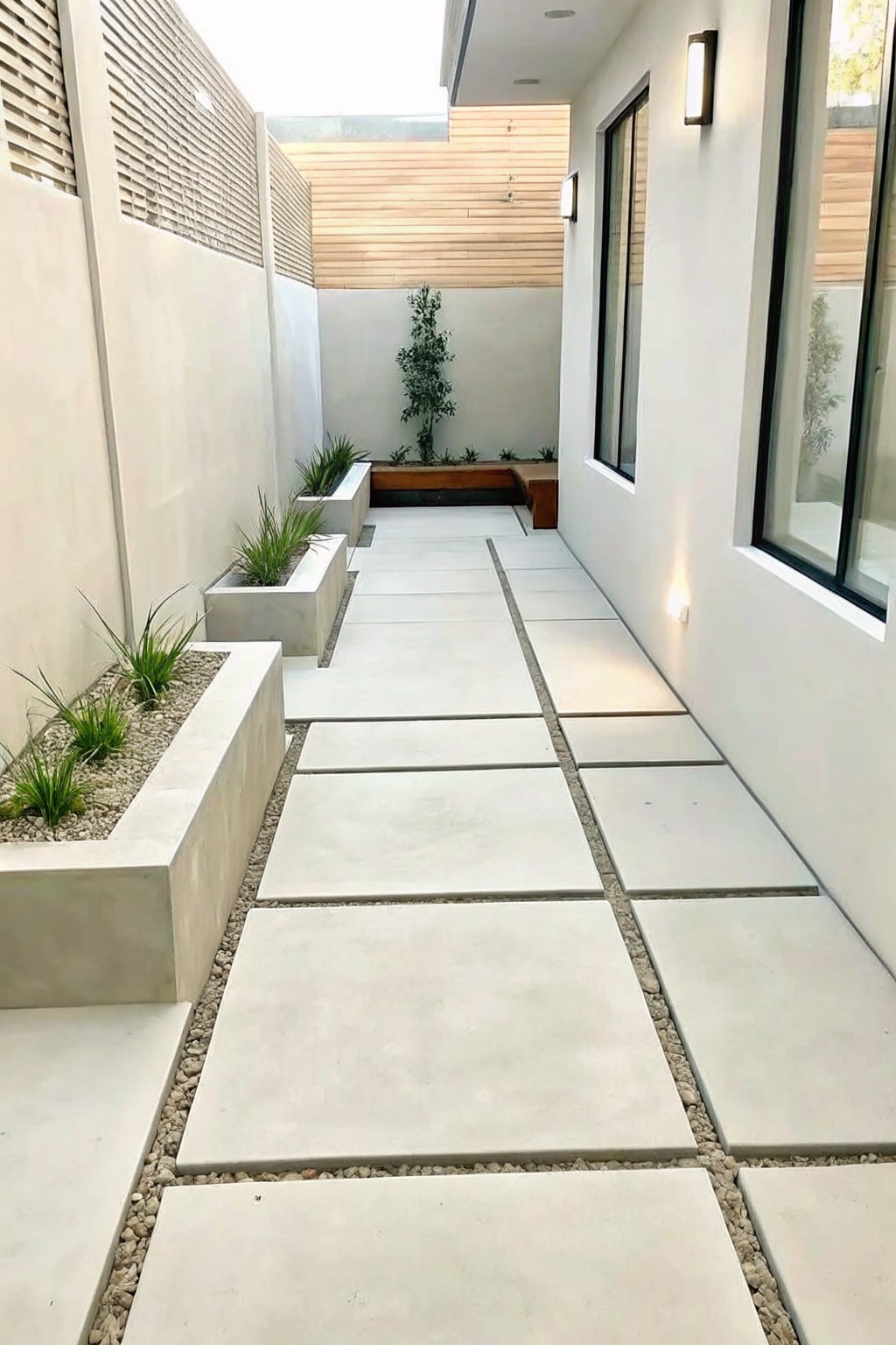 A narrow modern outdoor walkway made of large light gray concrete pavers with gravel borders and rectangular concrete planters holding grasses and small trees.