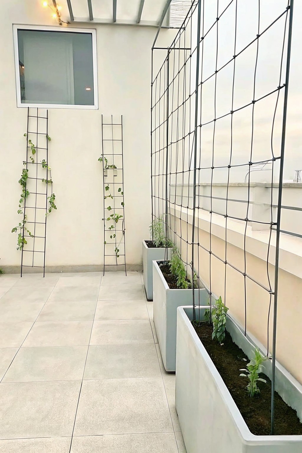 An outdoor tiled terrace features long rectangular concrete planters with young plants, tall black metal trellis panels against a wall, and a large grid structure along the side.