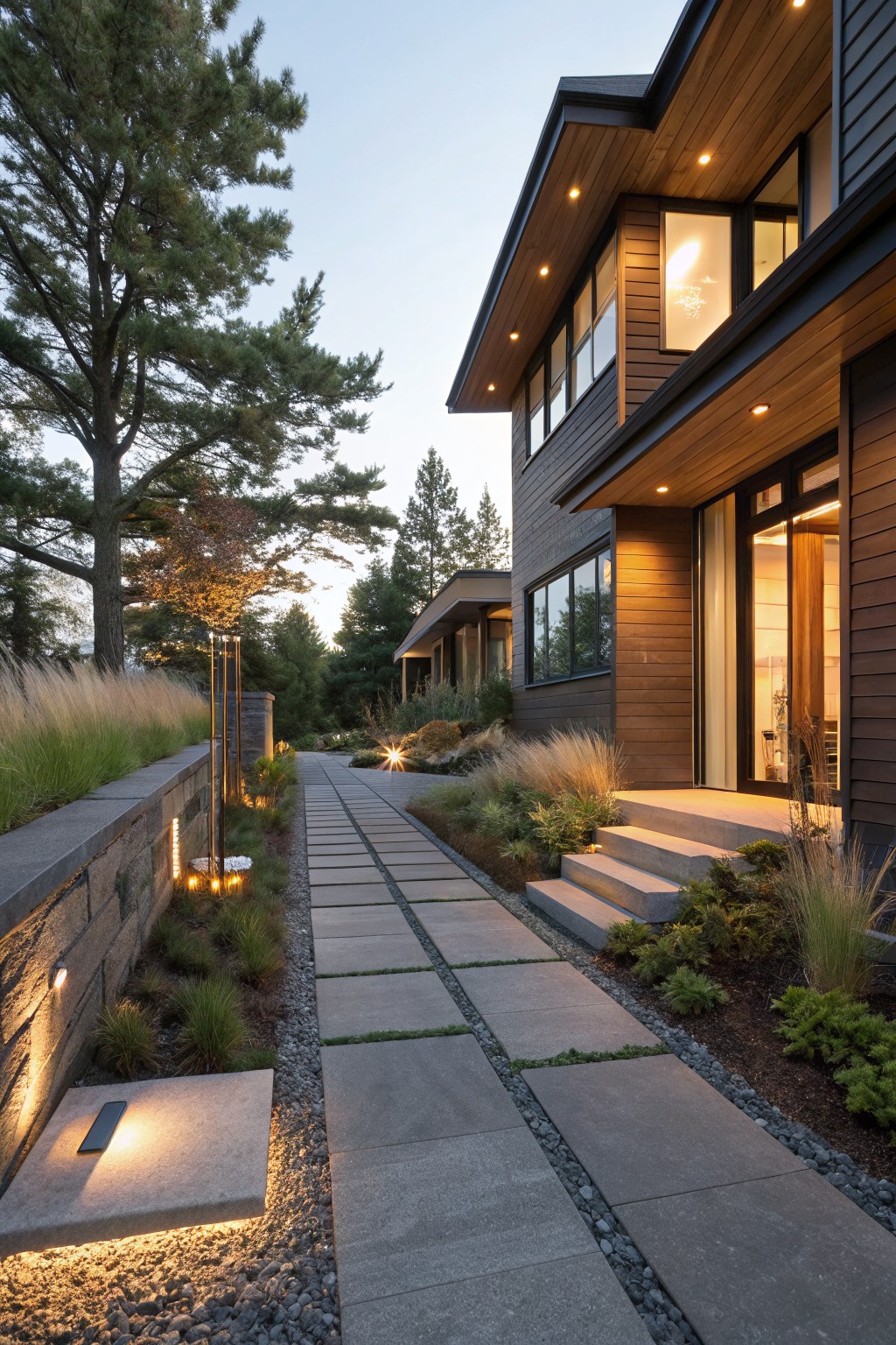 A modern house at dusk with a stone pathway lined by recessed LED lights, steps, and landscaping.