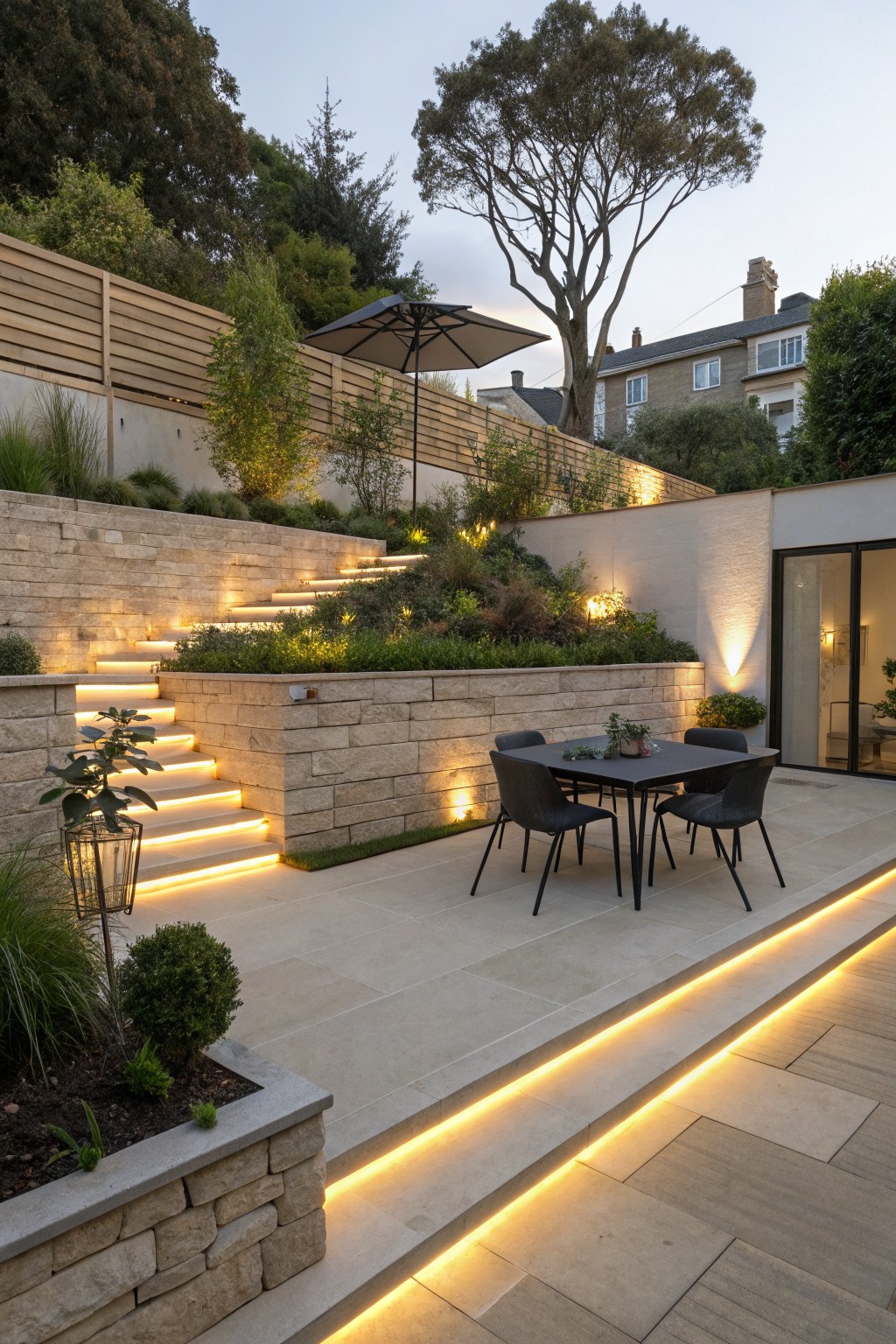 A contemporary backyard with stone stairs edged in glowing LED strips, a paved patio with a dark dining table and chairs, and layered garden beds against a retaining wall.