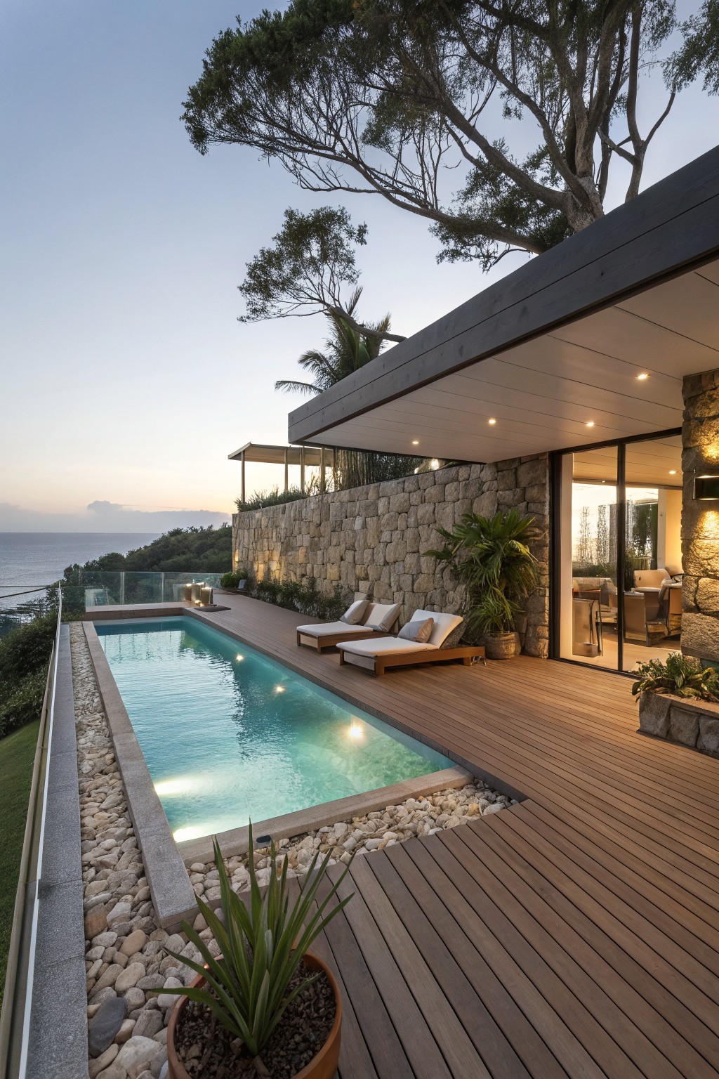 A modern outdoor pool with wooden deck, stone wall, lounge chairs, potted plants, and recessed LED lights glowing along the pool edge at dusk.