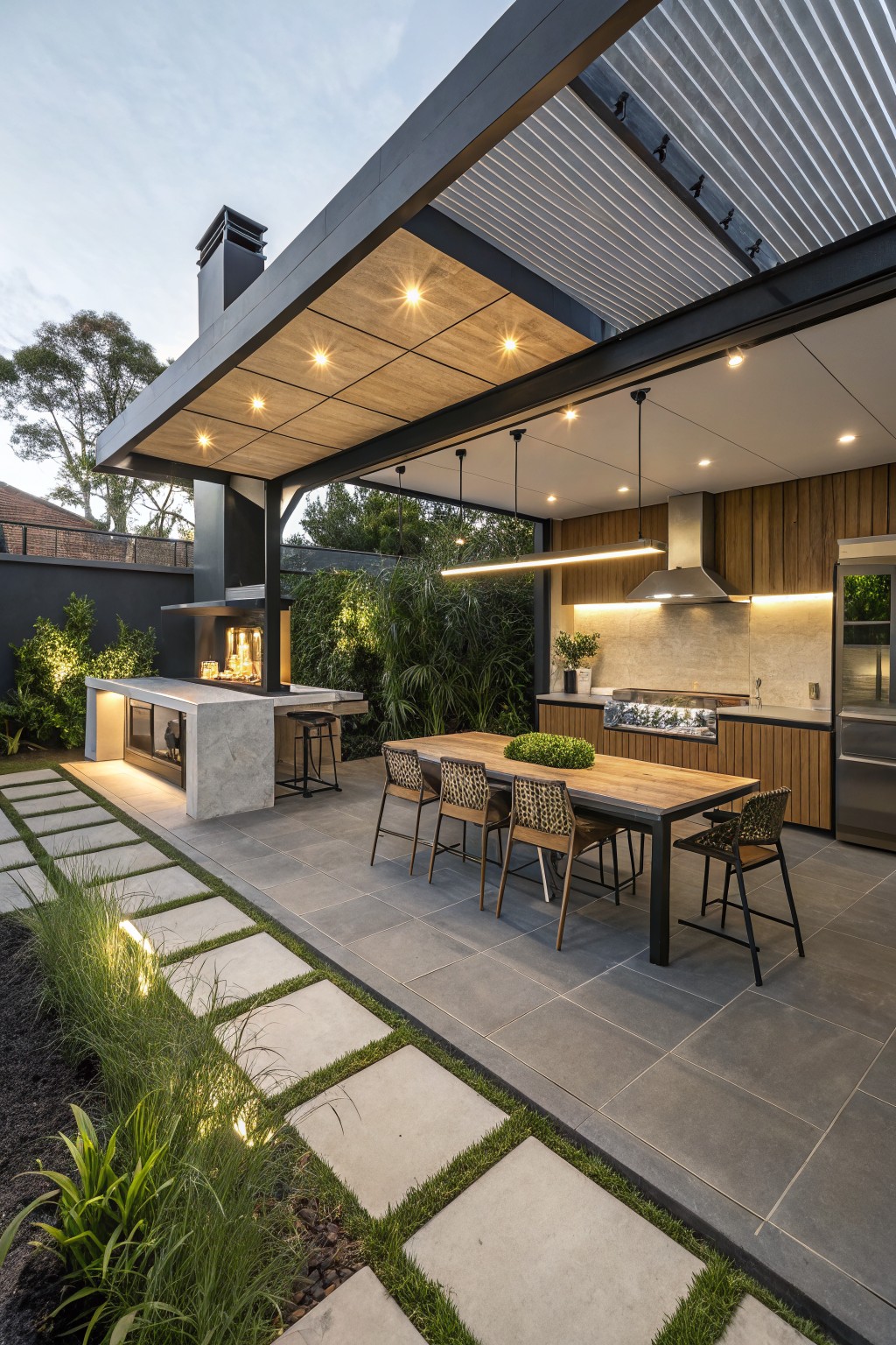 Modern outdoor patio with a long wooden dining table, bar stools, outdoor kitchen, and stone pavers edged with illuminated LED path lights.