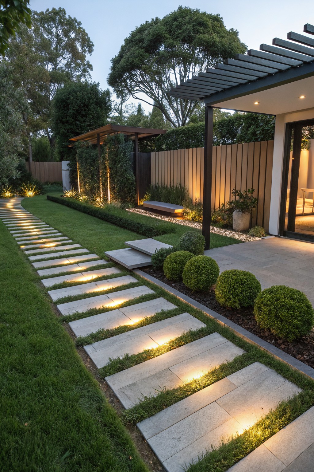 A modern garden at dusk with a curving stone path lit by linear LEDs along the edges, bordered by lawn and rounded shrubs, leading toward a patio with a dark pergola and vertical garden.