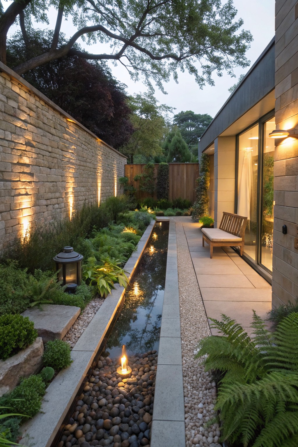 A narrow contemporary garden features a long rectangular water channel bordered by a stone wall with vertical LED lights, a paved path with a wooden bench, and ferns along the edge next to a modern house.