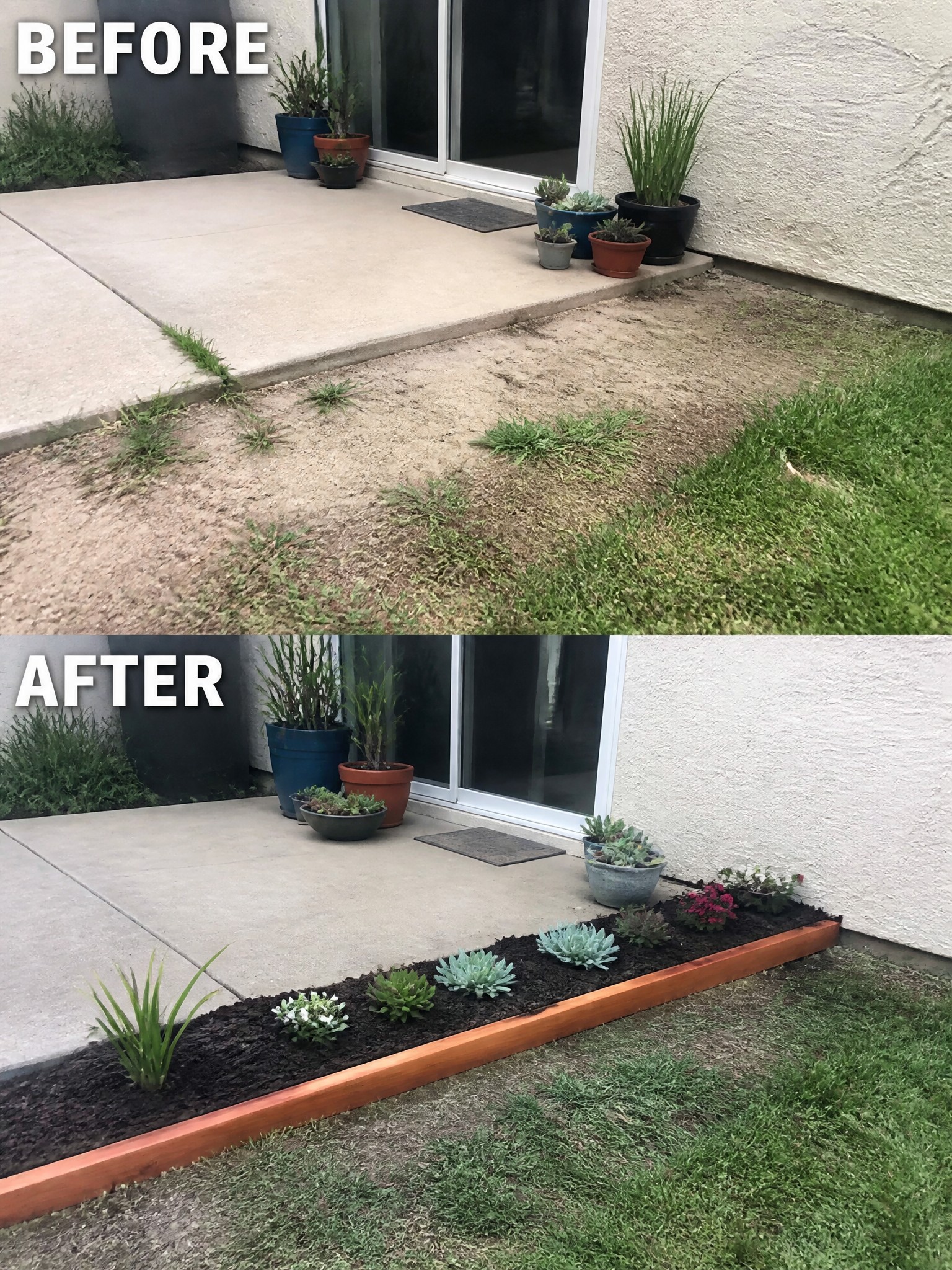 Before-and-after image of a weedy dirt strip beside a patio changed into a mulched garden bed with wooden edging and organized plants.