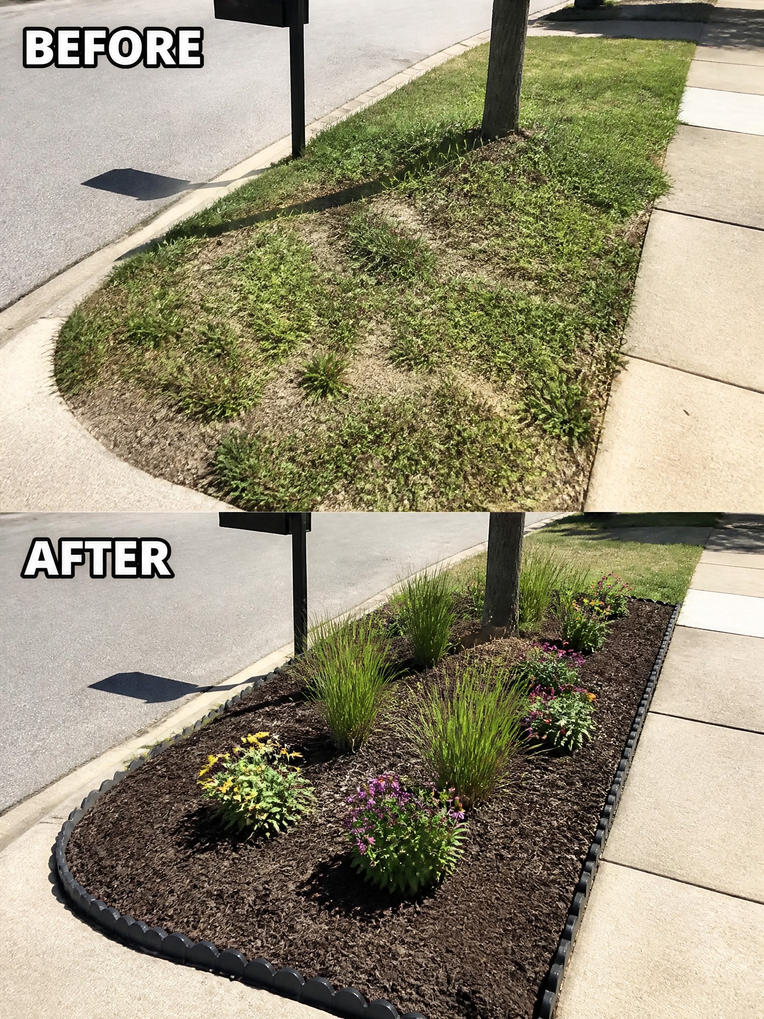 Before-and-after image of a weedy grassy strip transformed into a mulched garden bed with black edging and new plants.