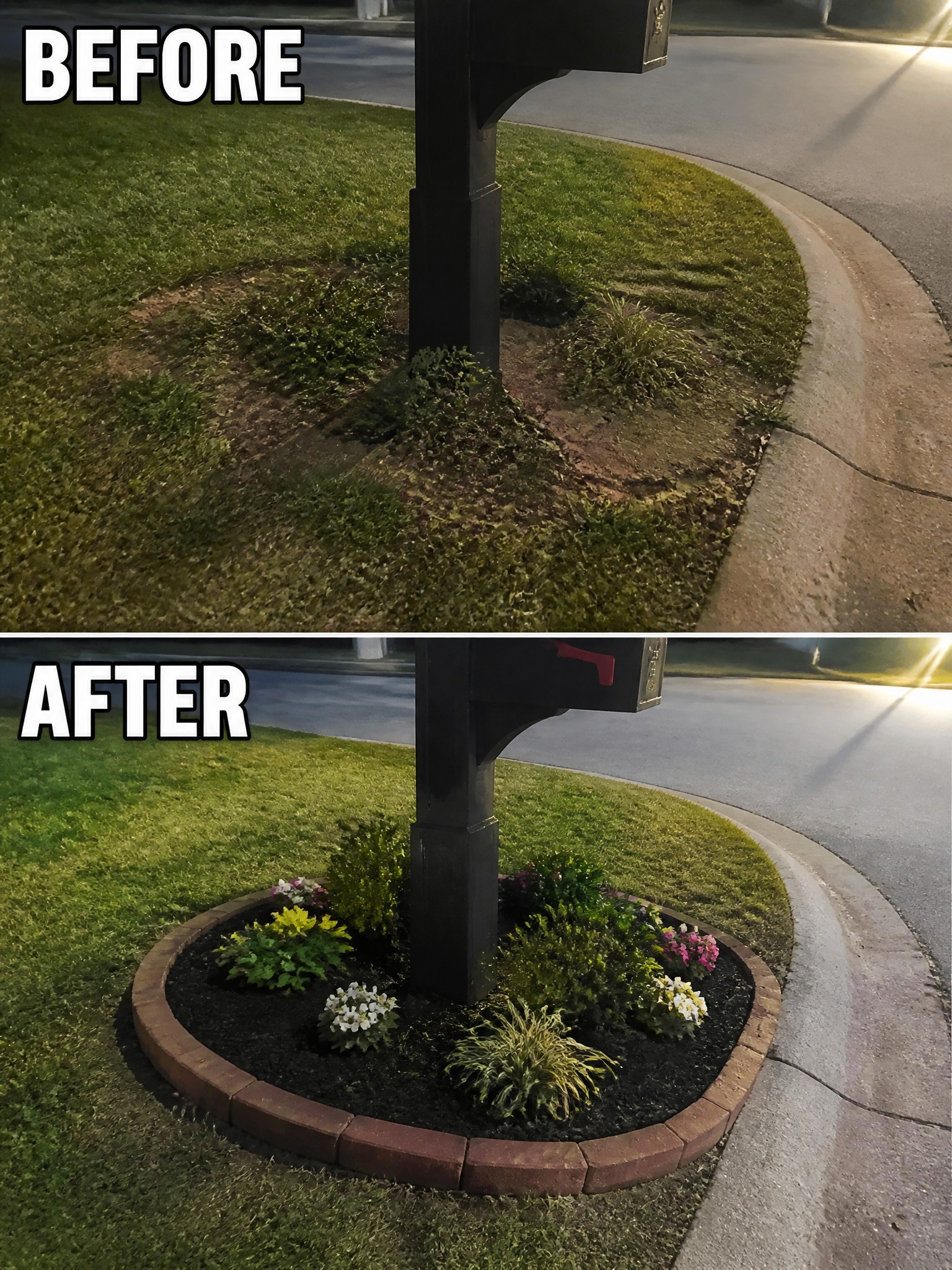 Before-and-after image of an overgrown patch around a mailbox post changed into a mulched garden bed with brick edging and planted flowers.