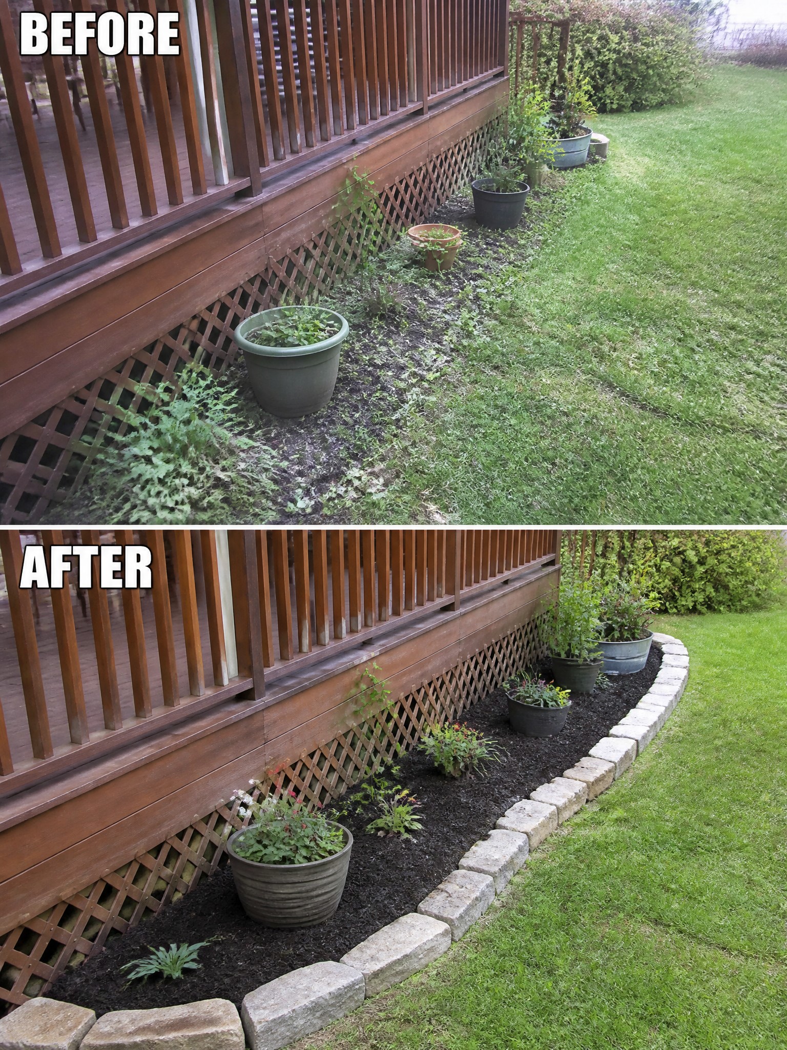 Before-and-after garden makeover under wooden deck with mulch and stone border
