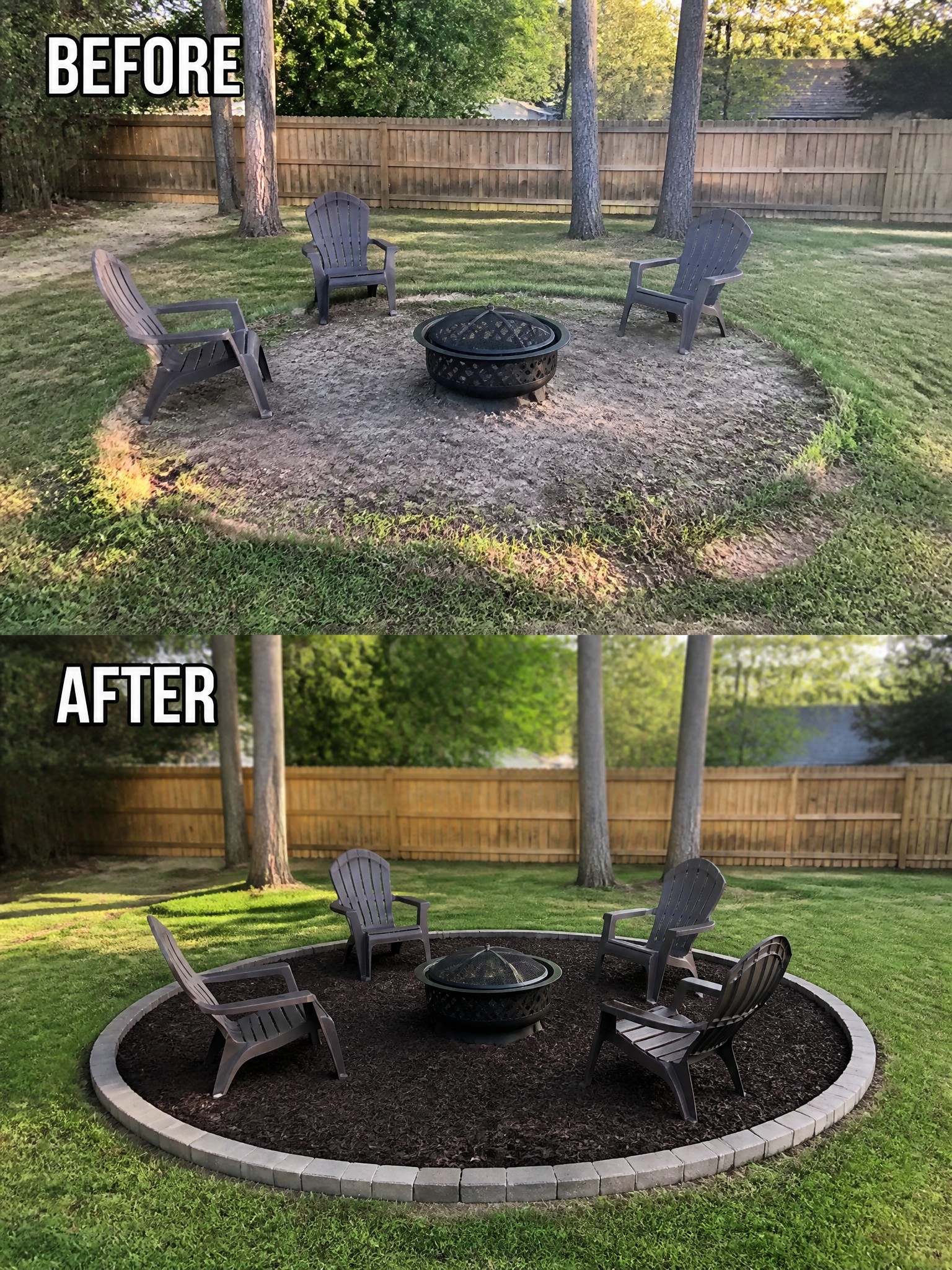Before-and-after image of a backyard fire pit area updated with a circular stone border and dark mulch.